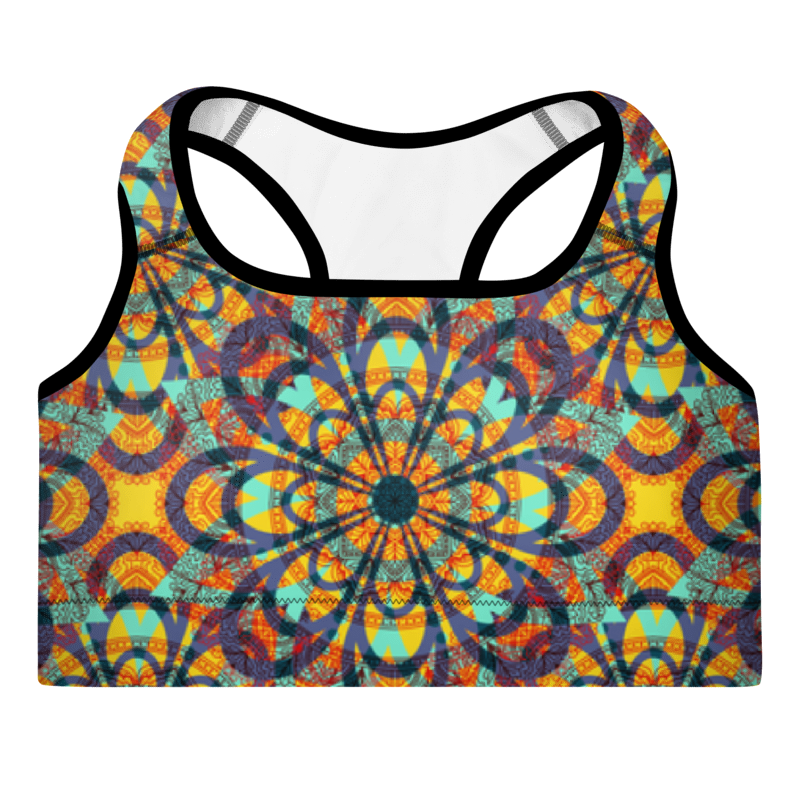 A sports bra with a multicolored floral kaleidoscope pattern.