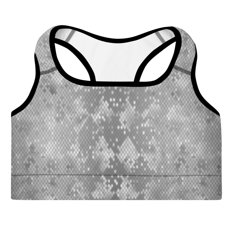 A sports bra with a snake print pattern in grey, featuring a scoop neckline, racerback, and wide shoulder straps with additional padding.