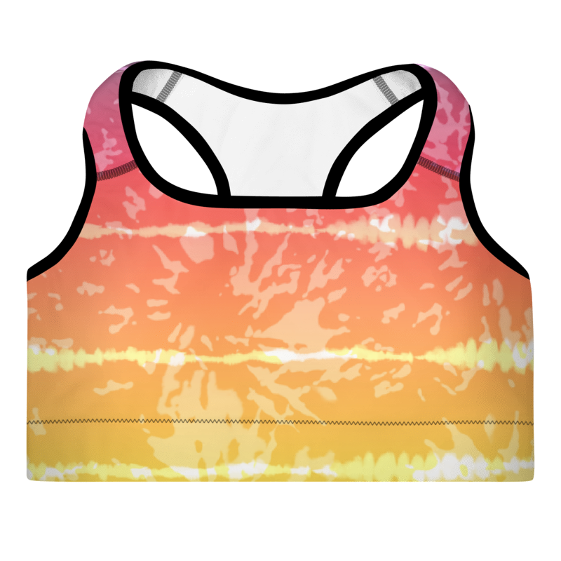 A tie-dye sports bra with multicolor stripes and a scoop neckline.