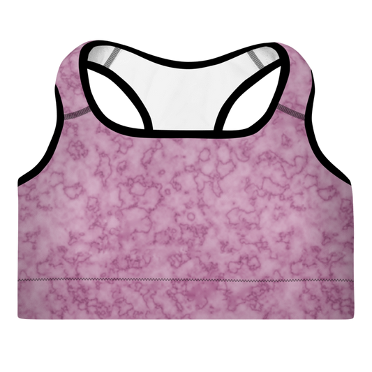 A marble dark pink sports bra with a scoop neckline, racerback design, and padded cups.