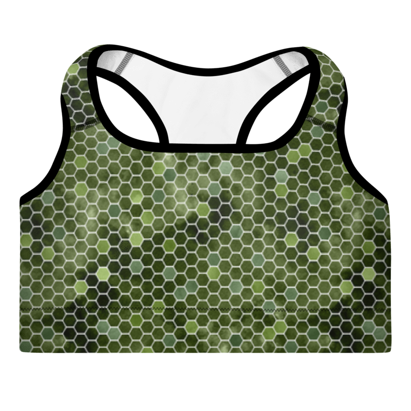 A sports bra with a honeycomb pattern in various shades of green.