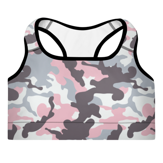 A multicolored Camouflage sports bra with a scoop neckline and racerback design.