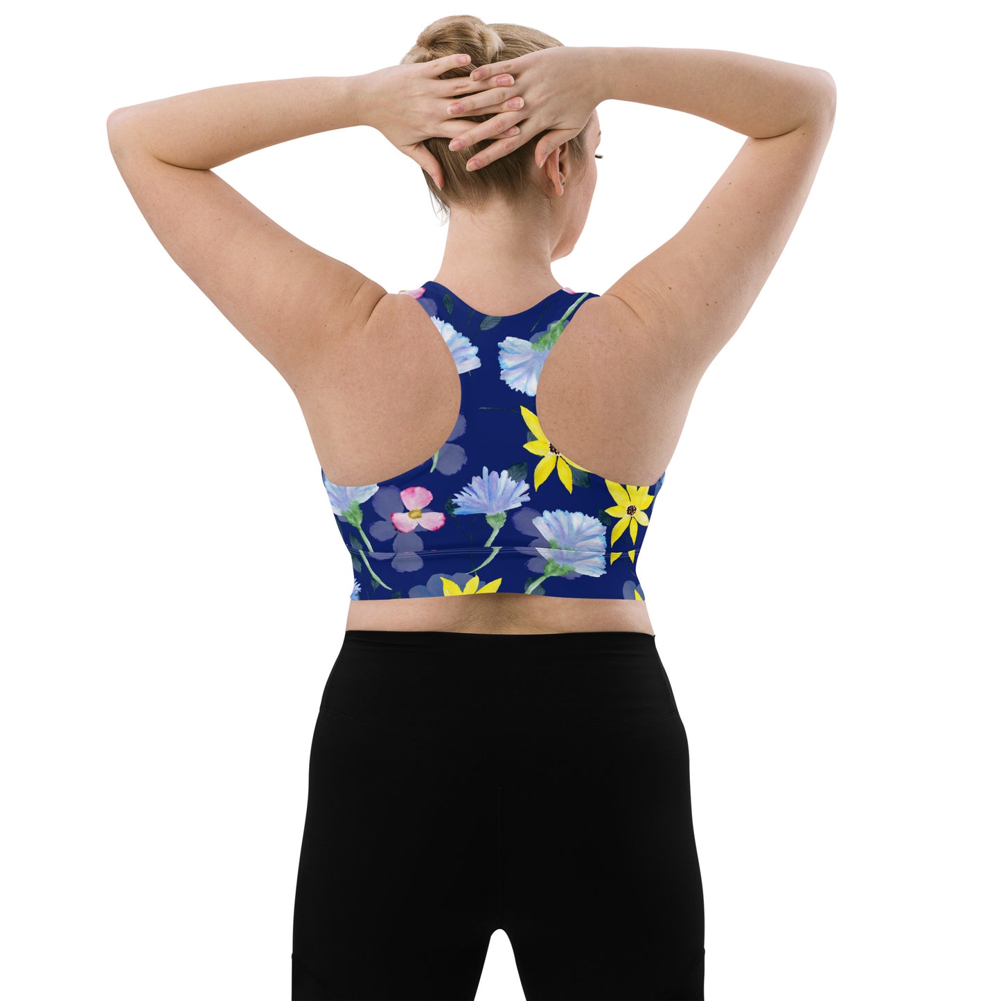 Longline sports bra- Summer Flowers Dark Blue