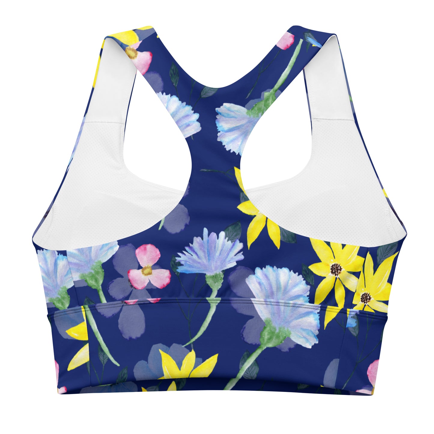 Longline sports bra- Summer Flowers Dark Blue