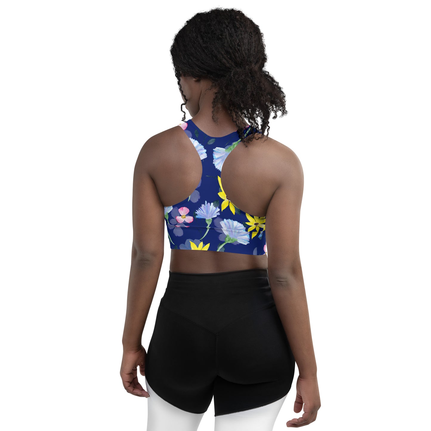 Longline sports bra- Summer Flowers Dark Blue