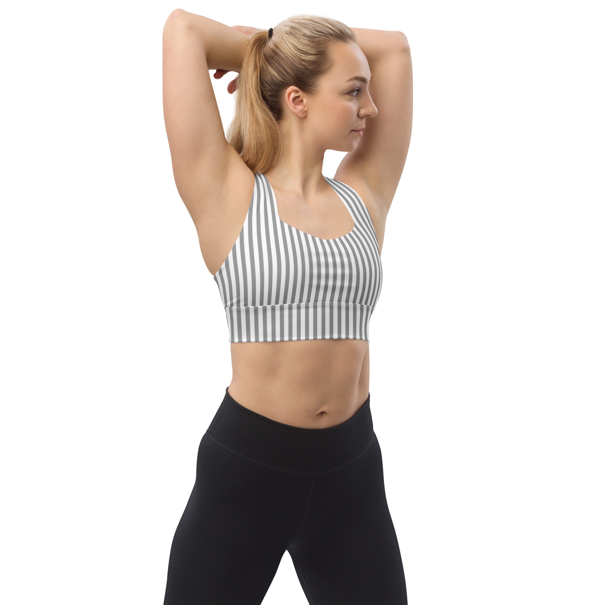 Longline sports bra- White and Grey Stripes