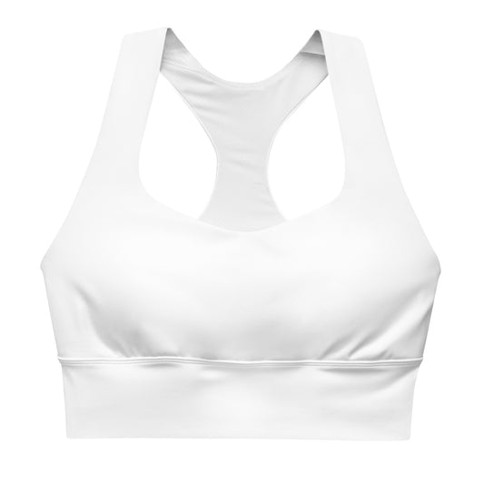 A white longline sports bra with double-layered front and shoulder straps, featuring a mesh lining and removable padding.