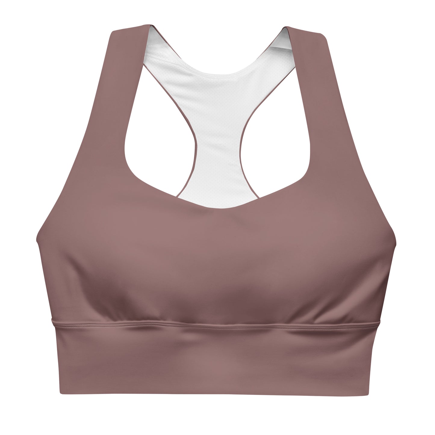 A longline sports bra in a light brown color with double-layered front and shoulder straps, and a mesh lining.