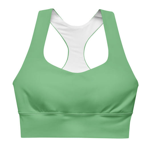 A green longline sports bra with adjustable straps and a mesh lining.