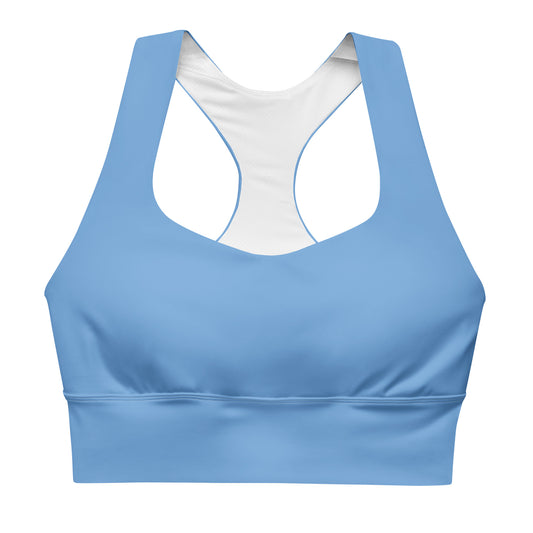 A blue longline sports bra with adjustable straps and a mesh lining.