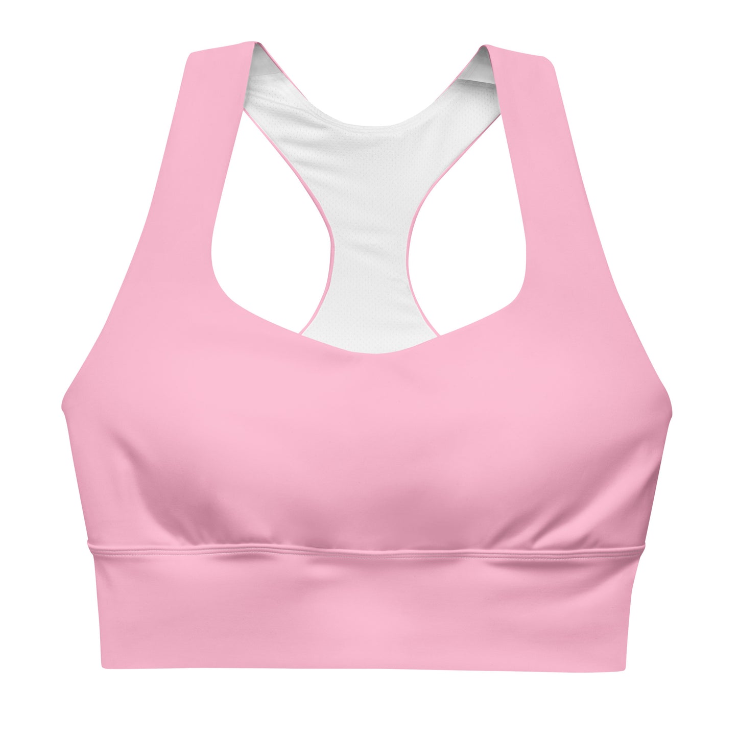 A pink longline sports bra with adjustable straps and a mesh lining.