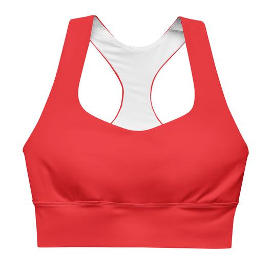 A red longline sports bra with white layered front and shoulder straps, and a white mesh lining at the front.