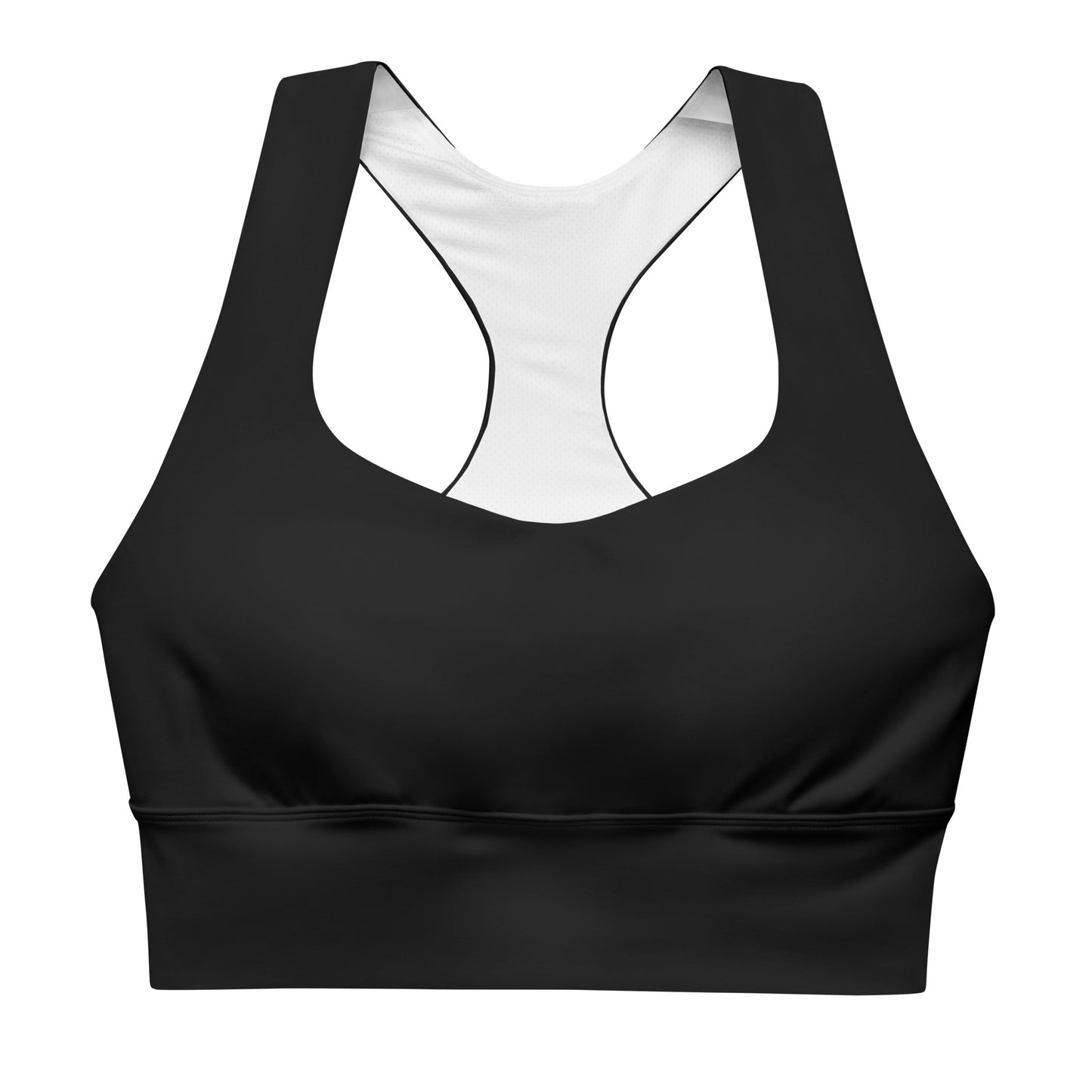 A black longline sports bra with double-layered front straps and mesh lining.