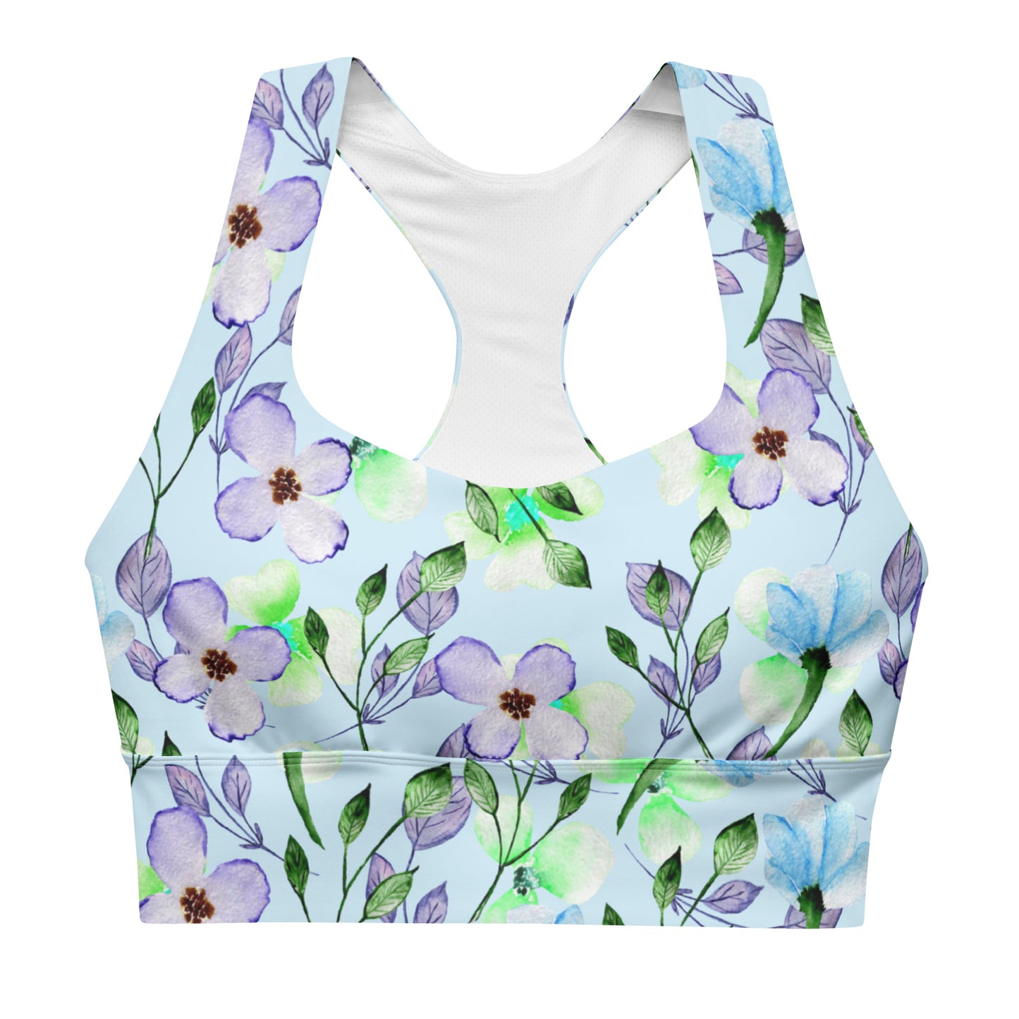 A sports bra with a longline silhouette featuring a summer flowers pattern in blue and green colors on a light blue background.