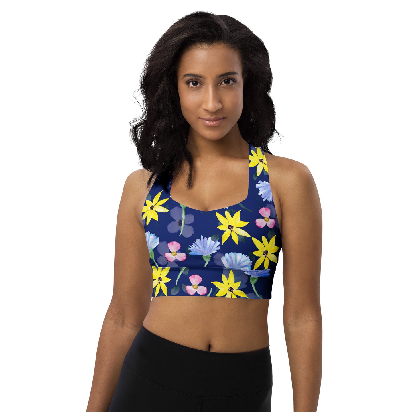 Longline sports bra- Summer Flowers Dark Blue