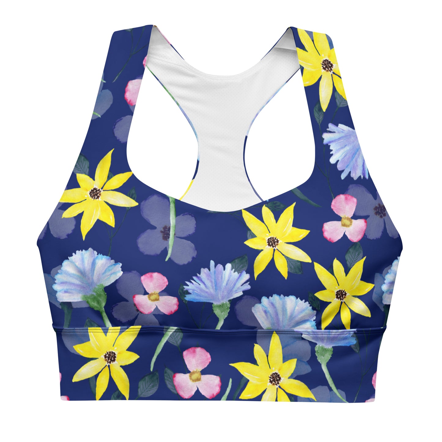 A sports bra with a longline silhouette featuring a dark blue background and a vibrant floral pattern with yellow centers.