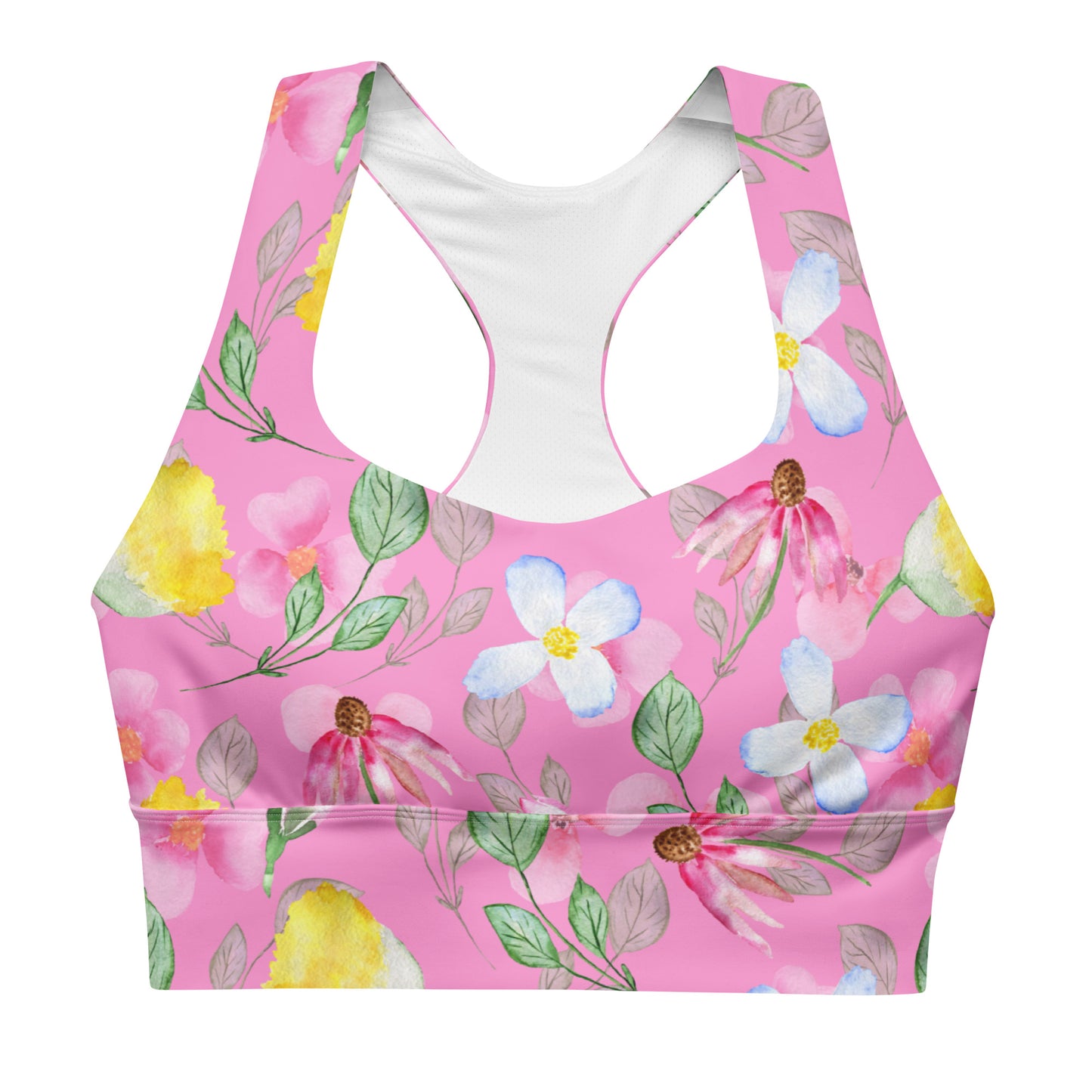 A pink sports bra with a floral pattern, featuring double-layered front and shoulder straps, and a mesh lining.