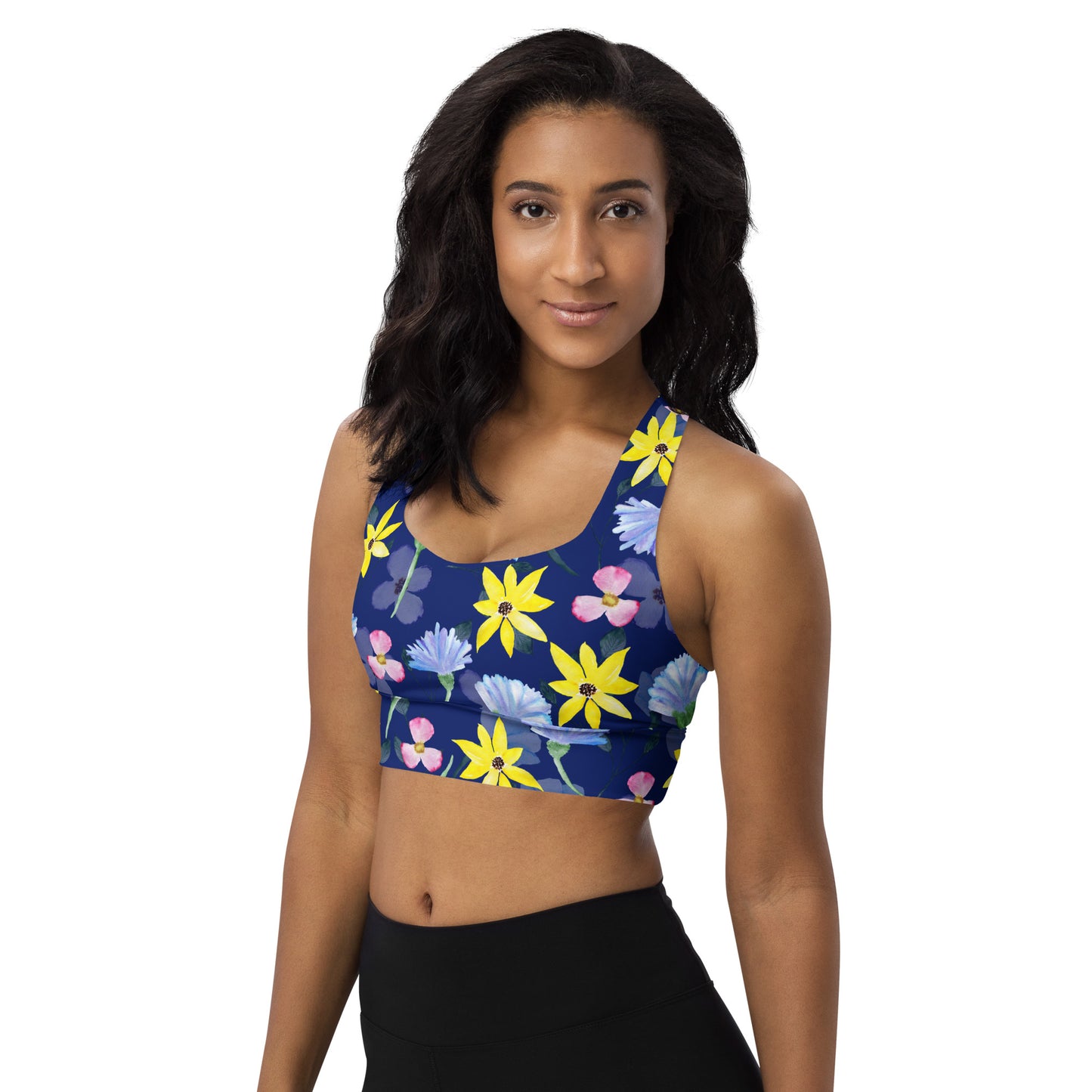 Longline sports bra- Summer Flowers Dark Blue