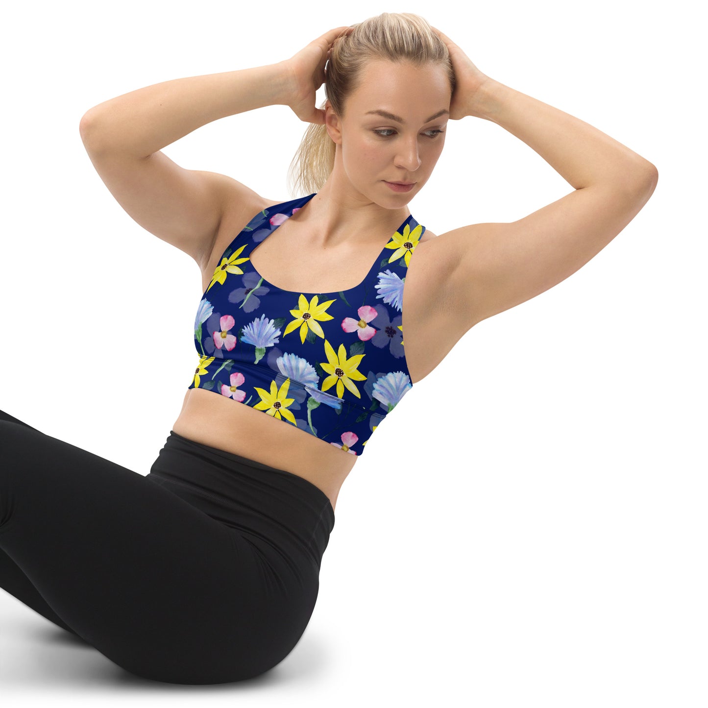 Longline sports bra- Summer Flowers Dark Blue