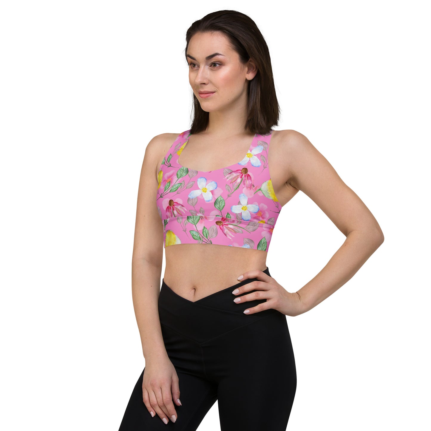 Longline sports bra- Summer Flowers Pink