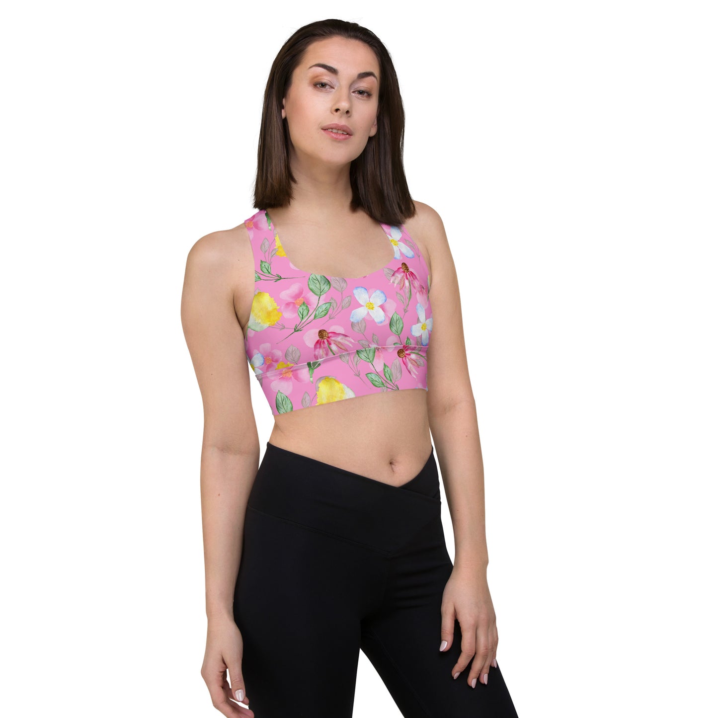 Longline sports bra- Summer Flowers Pink