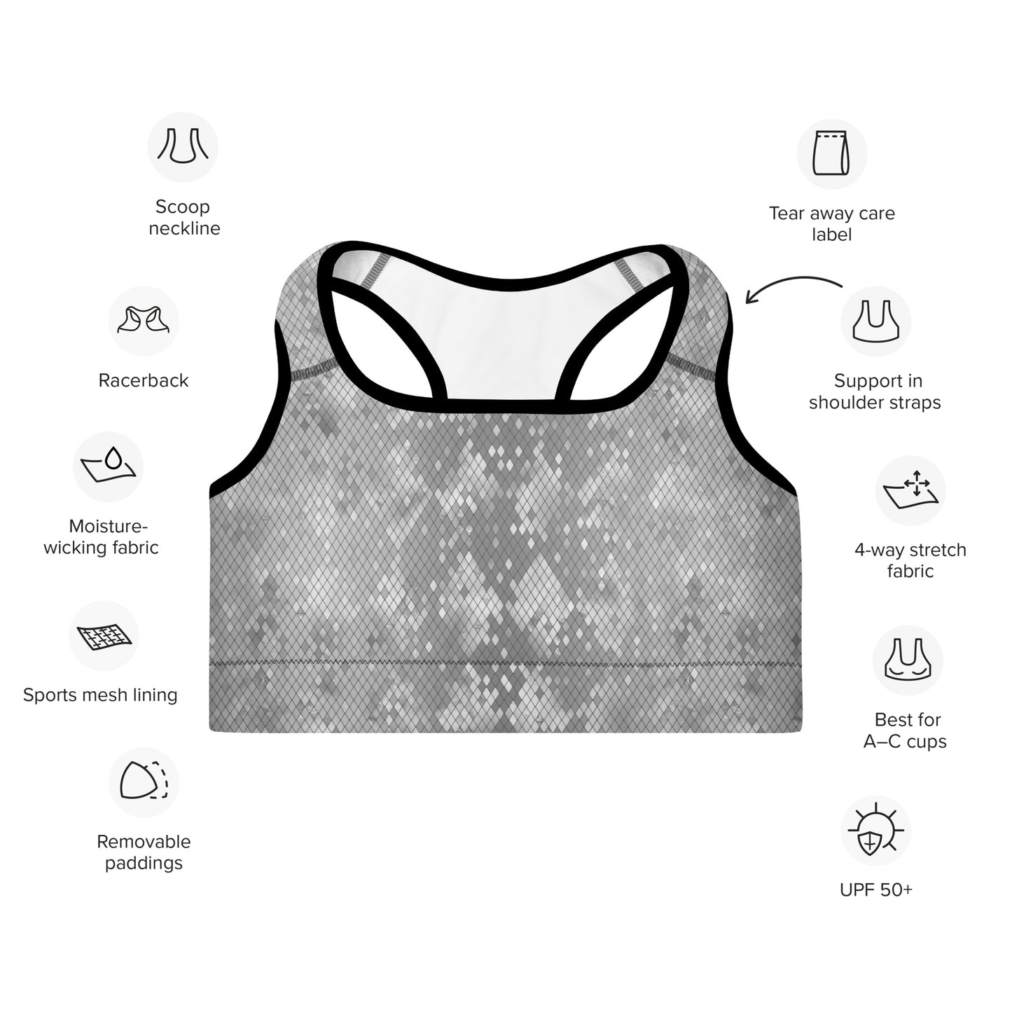 Padded Sports Bra- Snake print Grey