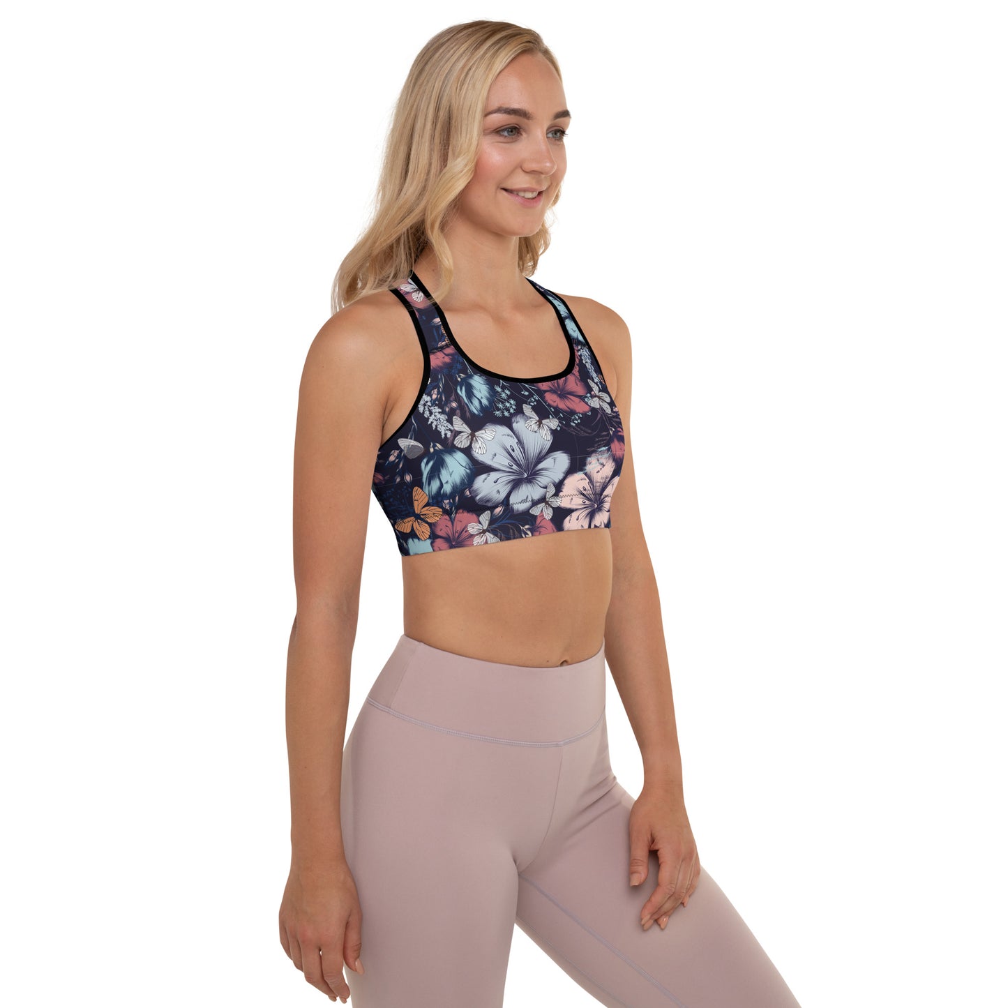Padded Sports Bra- Butterfly garden vintage style