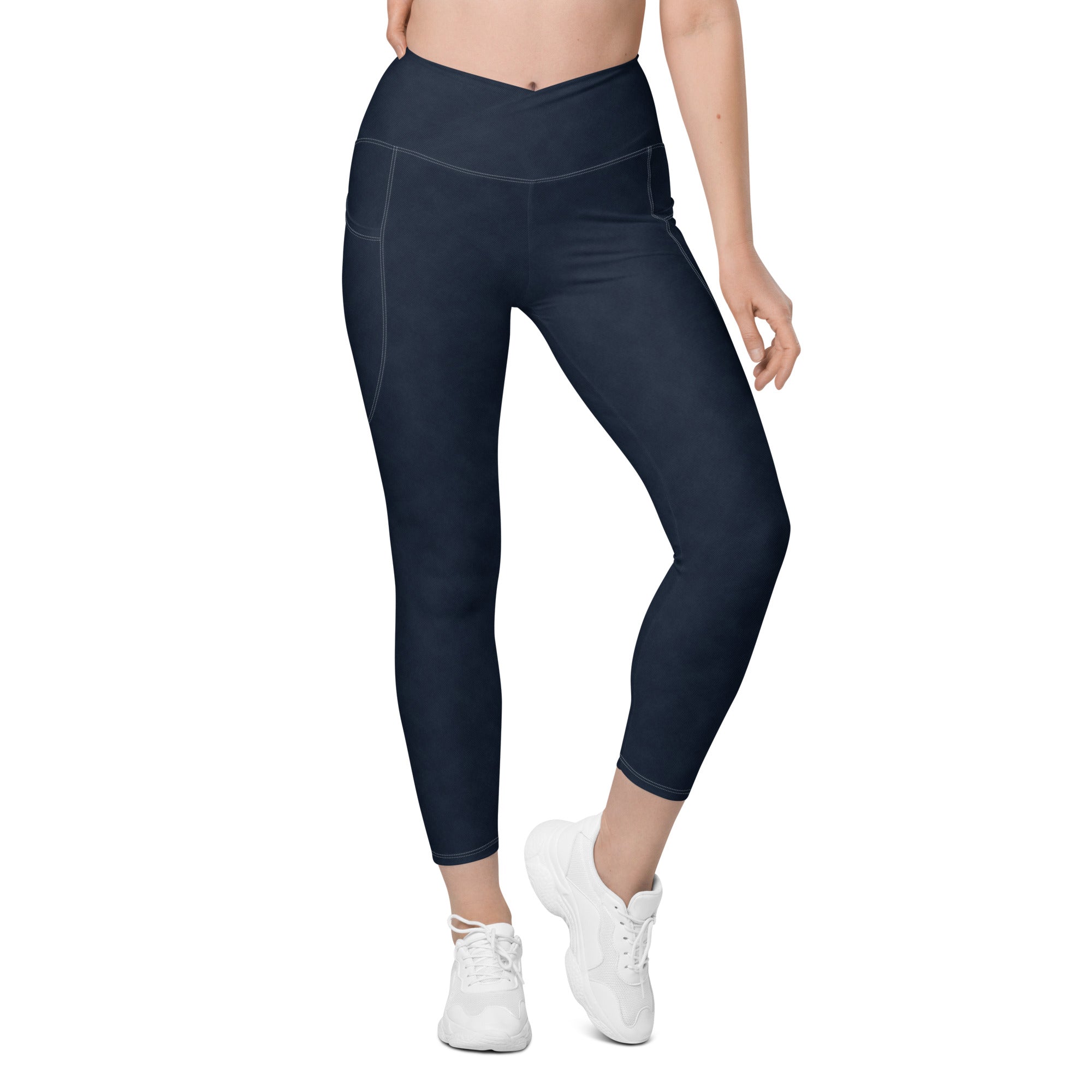 Crossover leggings with pockets- Denim Print Black