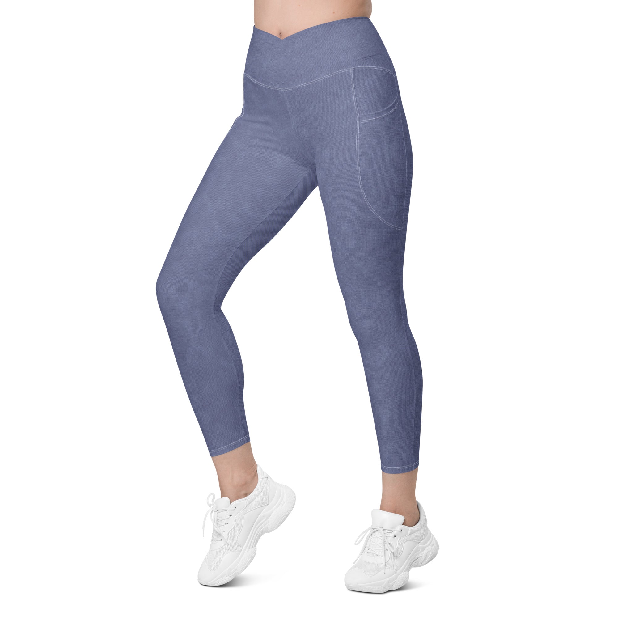 Crossover leggings with pockets- Denim Print Light Blue