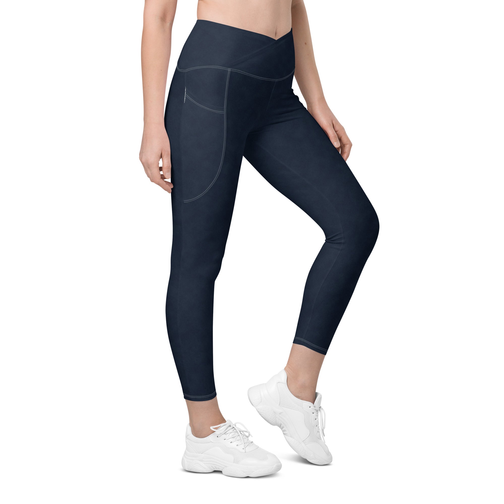Crossover leggings with pockets- Denim Print Black