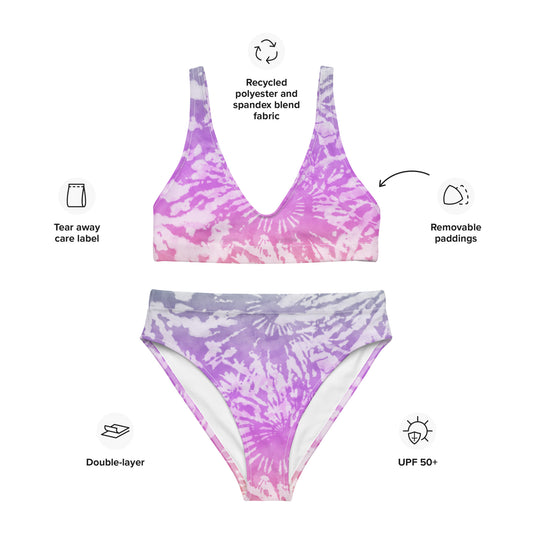 Recycled high-waisted bikini- TIE DYE PURPLE SPIRALS