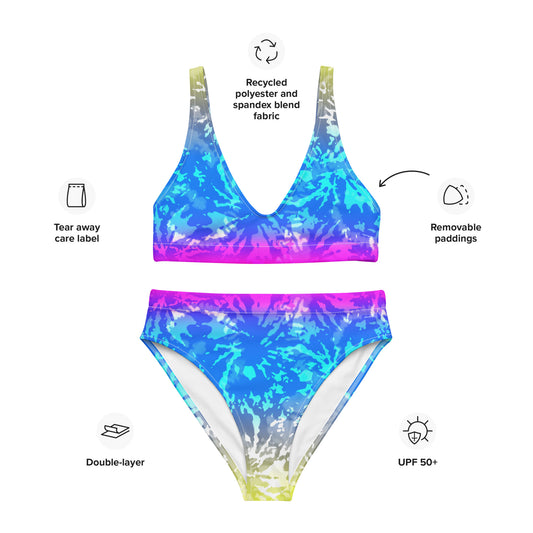 Recycled high-waisted bikini- TIE DYE MULTICOLOUR SPLASHES