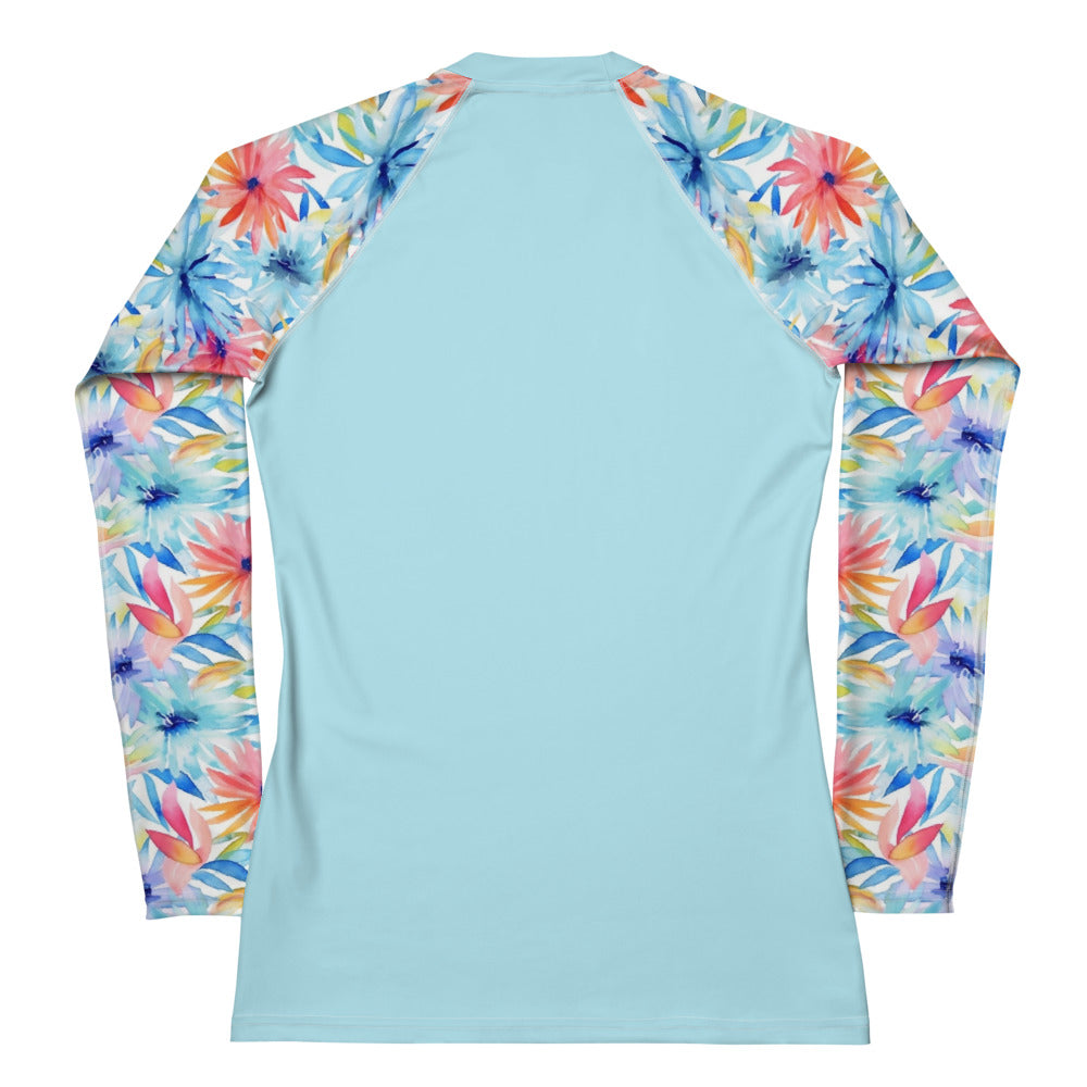 Women's Rash Guard- Watercolor flowers Cyan
