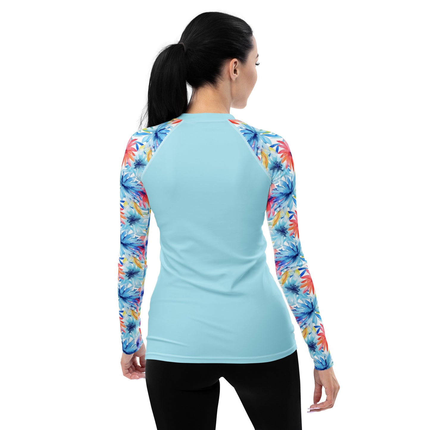 Women's Rash Guard- Watercolor flowers Cyan