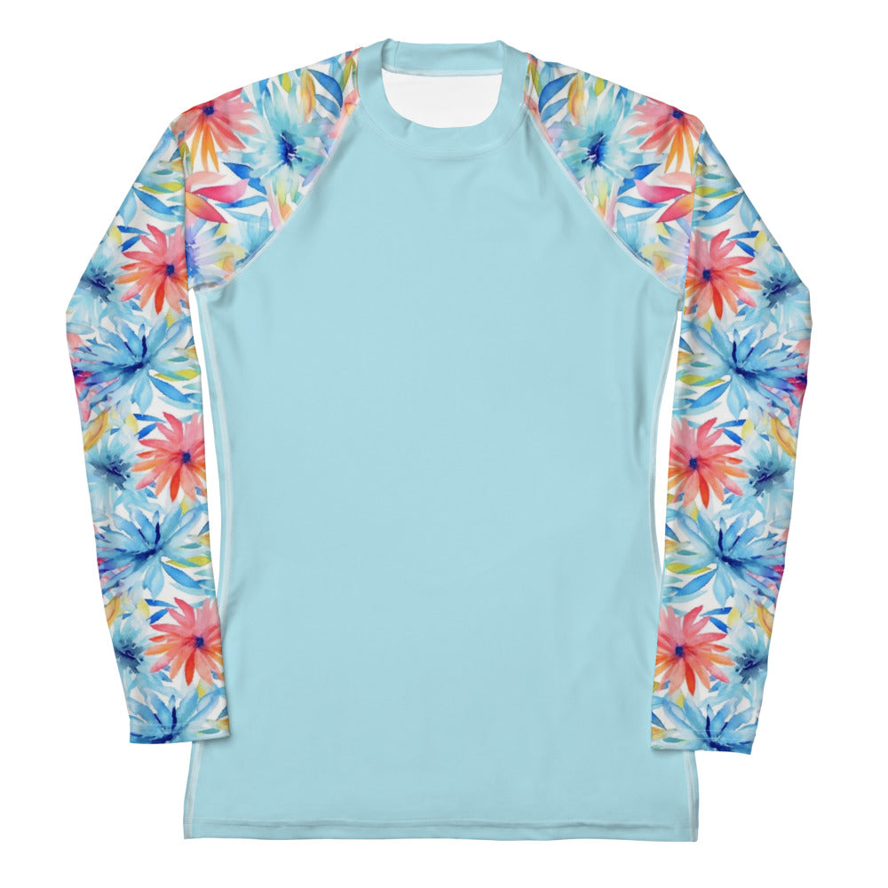 Women's Rash Guard- Watercolor flowers Cyan