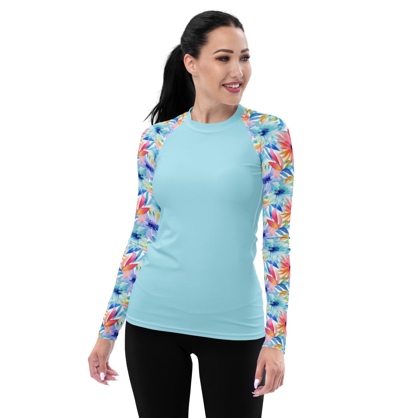 Women's Rash Guard- Watercolor flowers Cyan