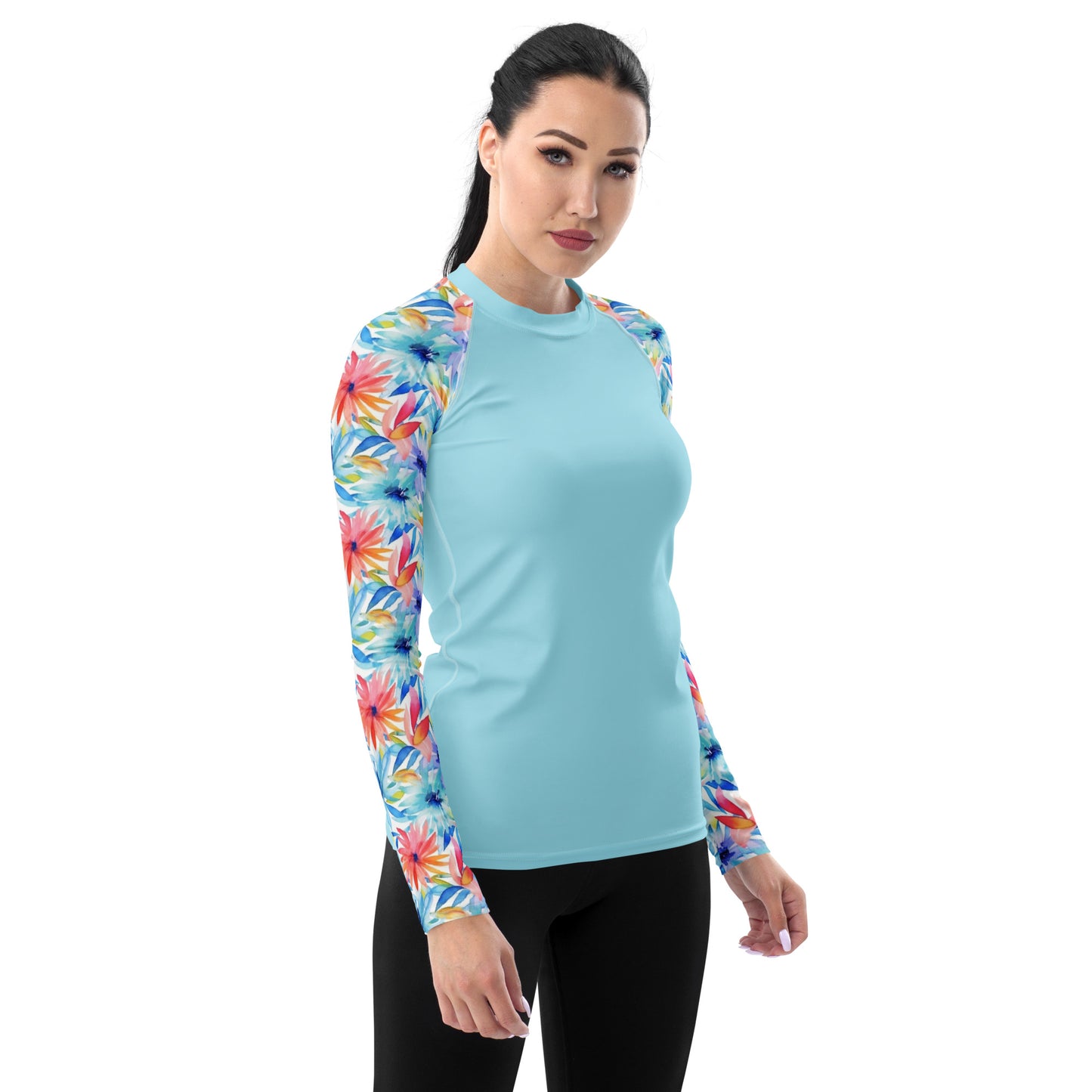 Women's Rash Guard- Watercolor flowers Cyan