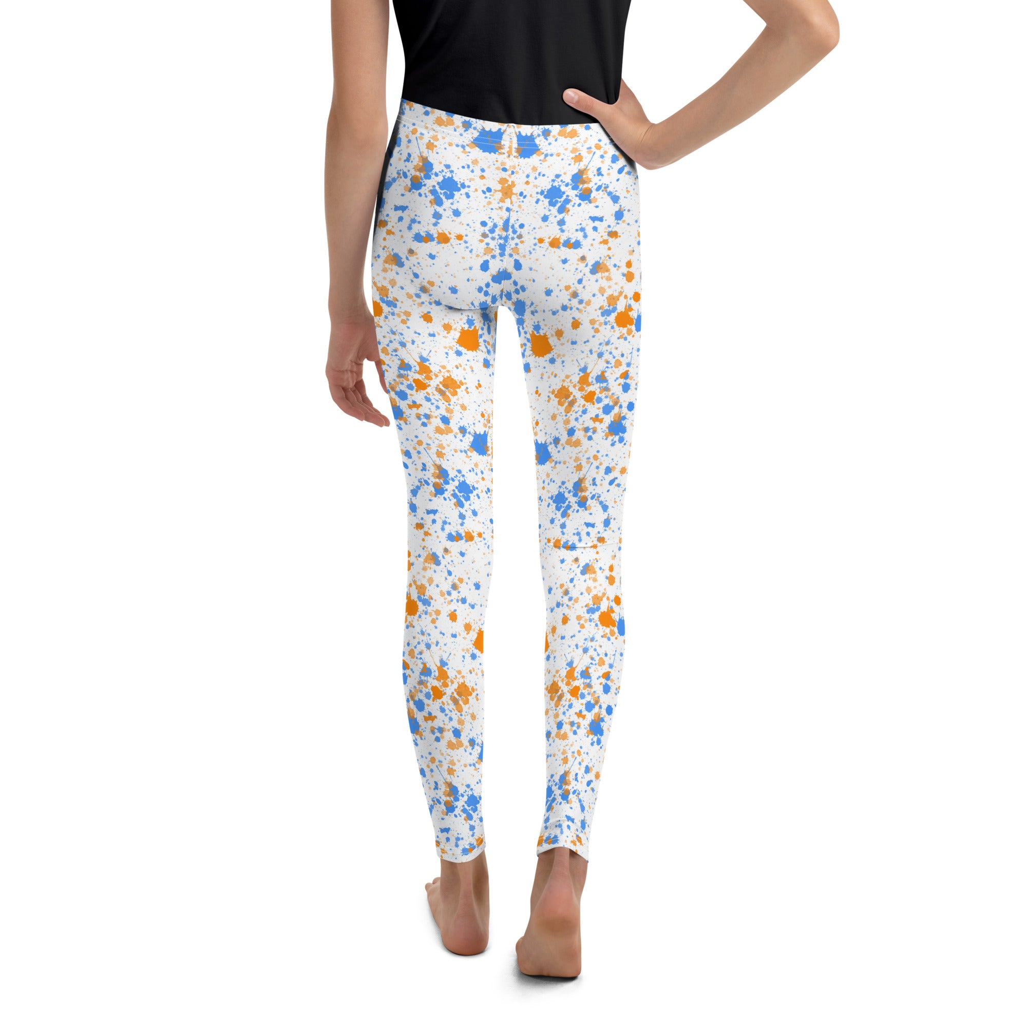 Youth Leggings- Paint splatters Blue with Orange