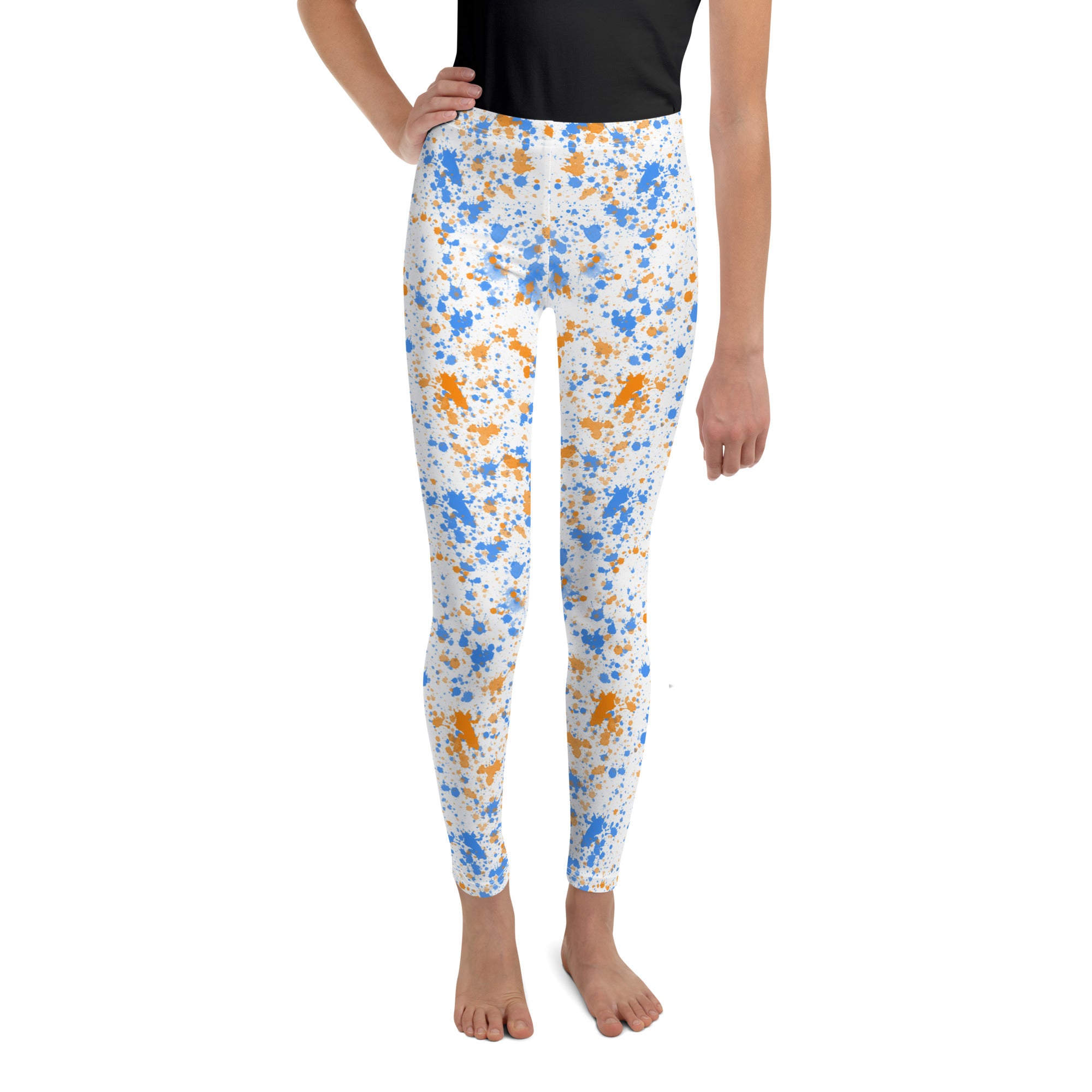 Youth Leggings- Paint splatters Blue with Orange