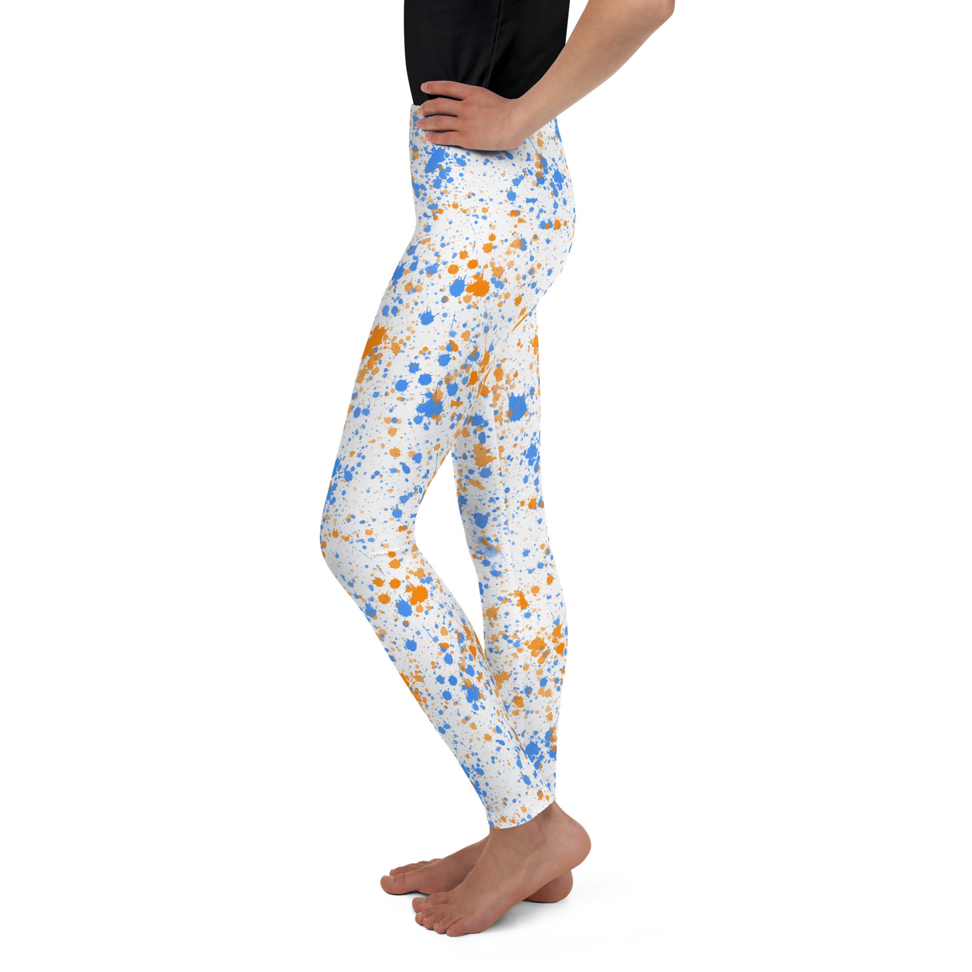 Youth Leggings- Paint splatters Blue with Orange