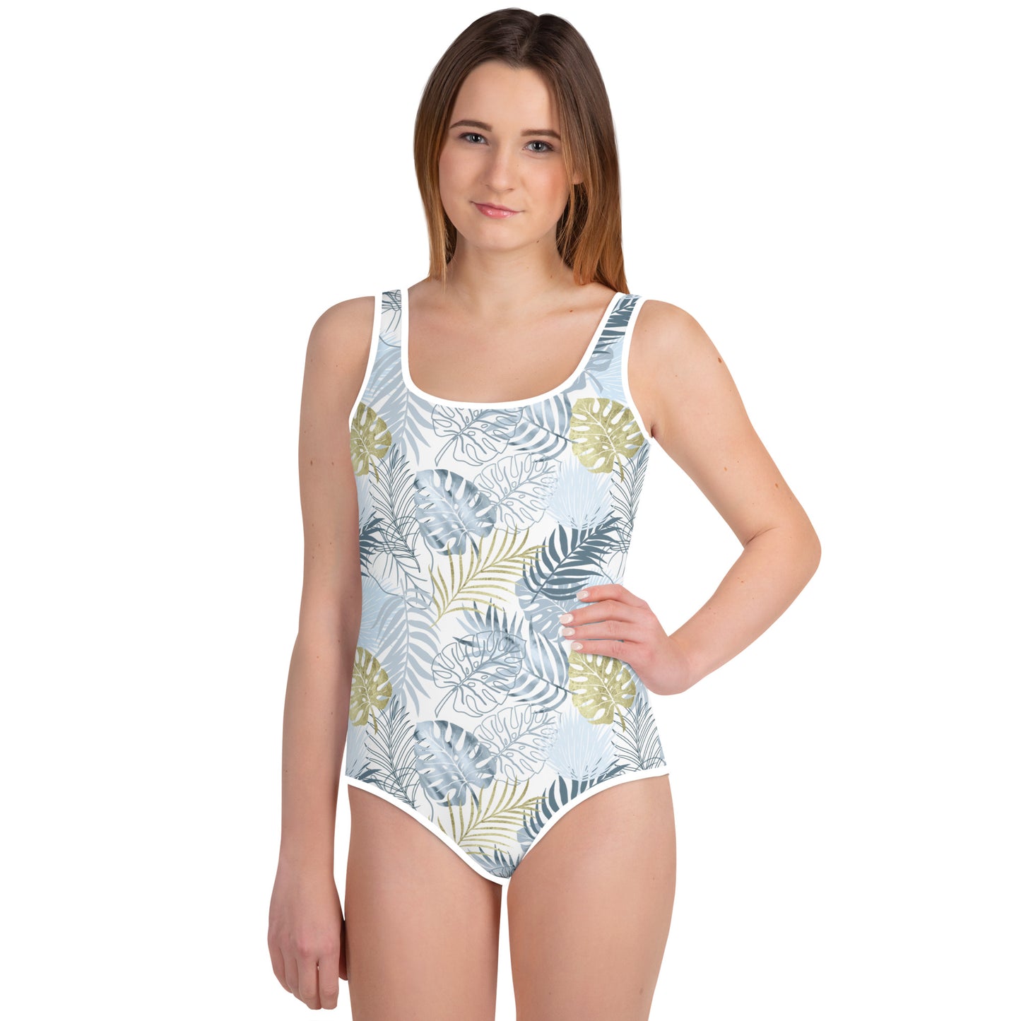 Youth Swimsuit- TROPICAL LEAFS WHITE