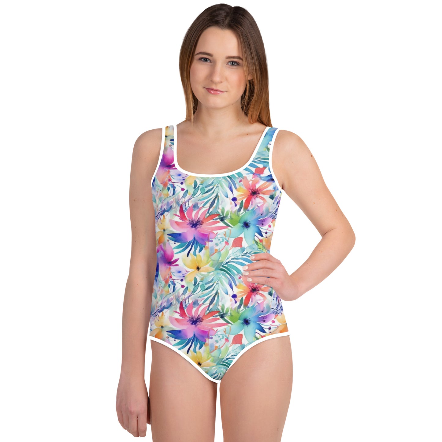 Youth Swimsuit- Watercolor summer flowers I