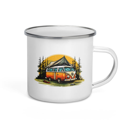 A white enamel mug with a vintage camping car design and a forest background.