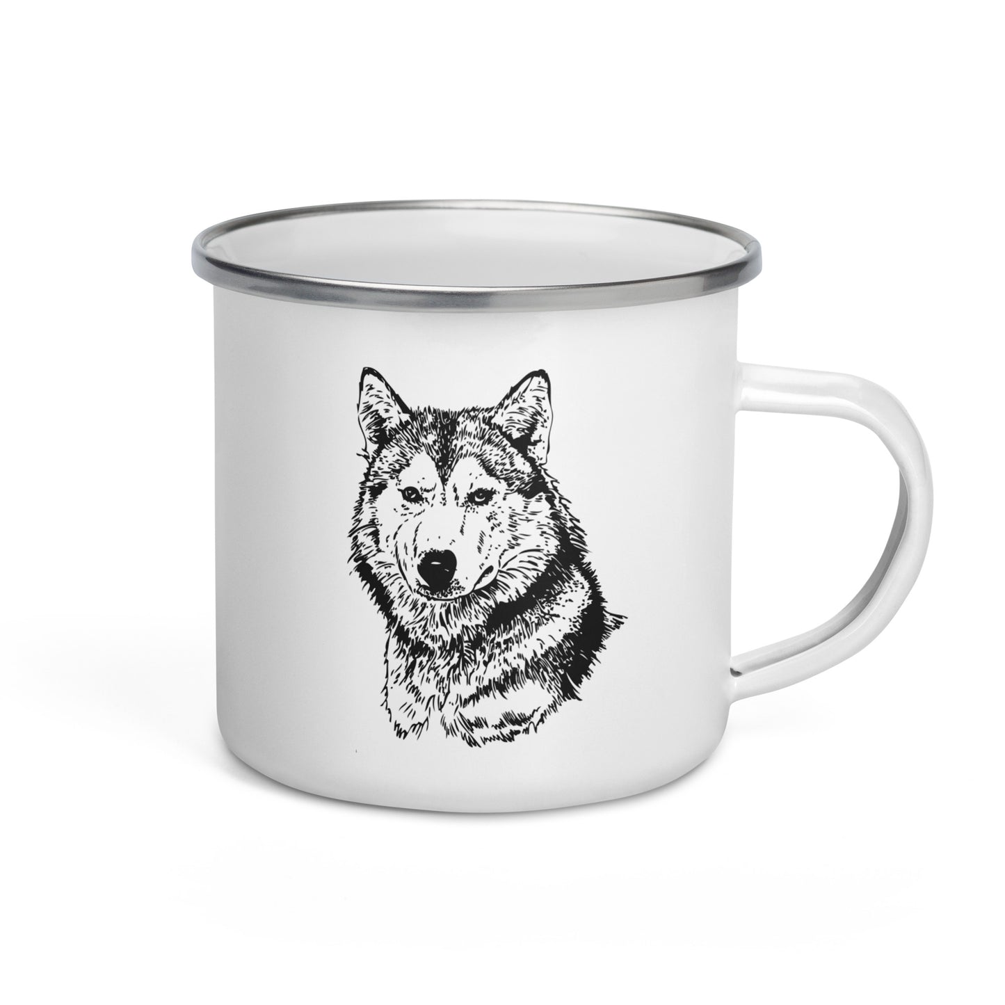 A white enamel mug with a hand-drawn monochrome wolf design.
