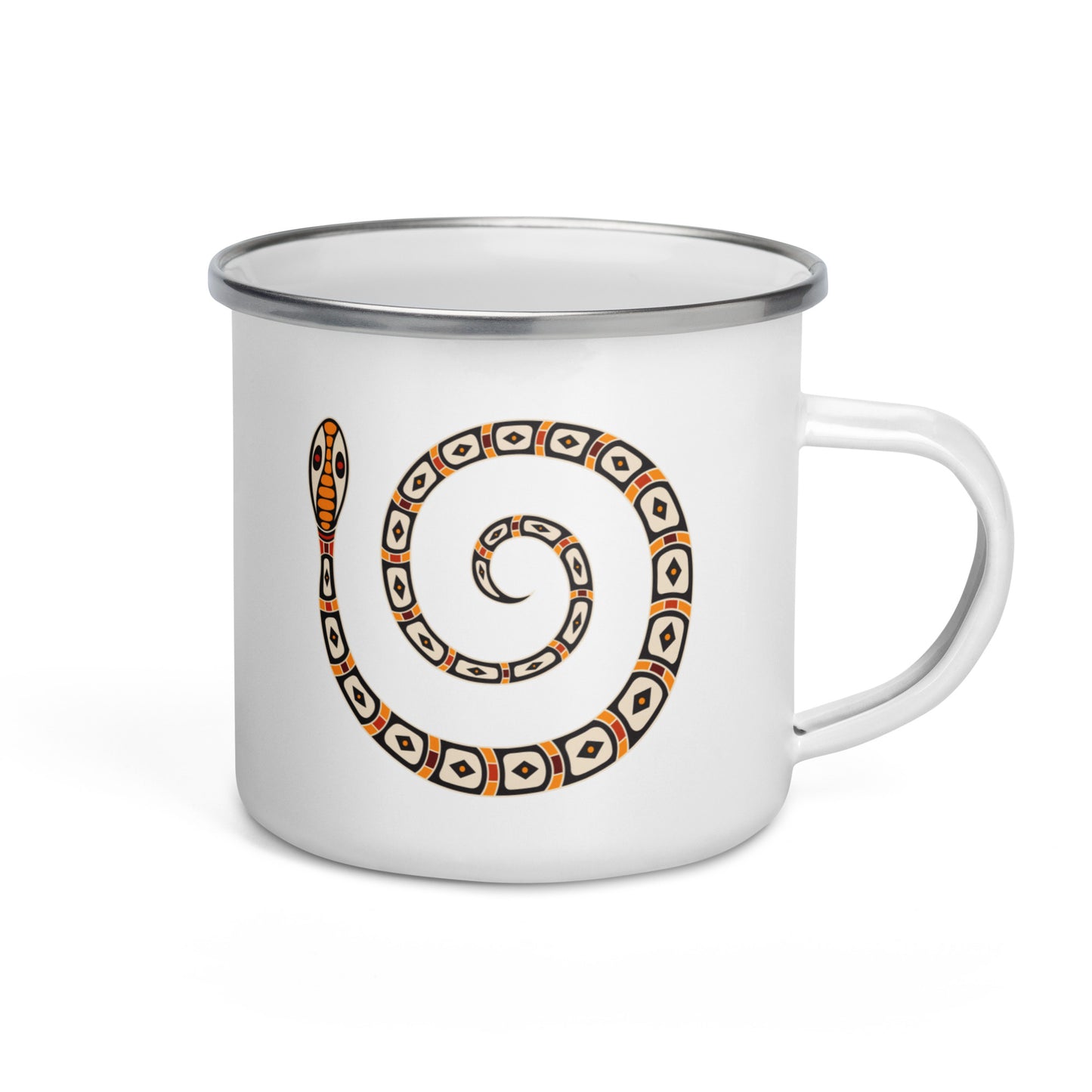 A white enamel mug with an Australian tribal painting of a snake around the handle and a silver rim.