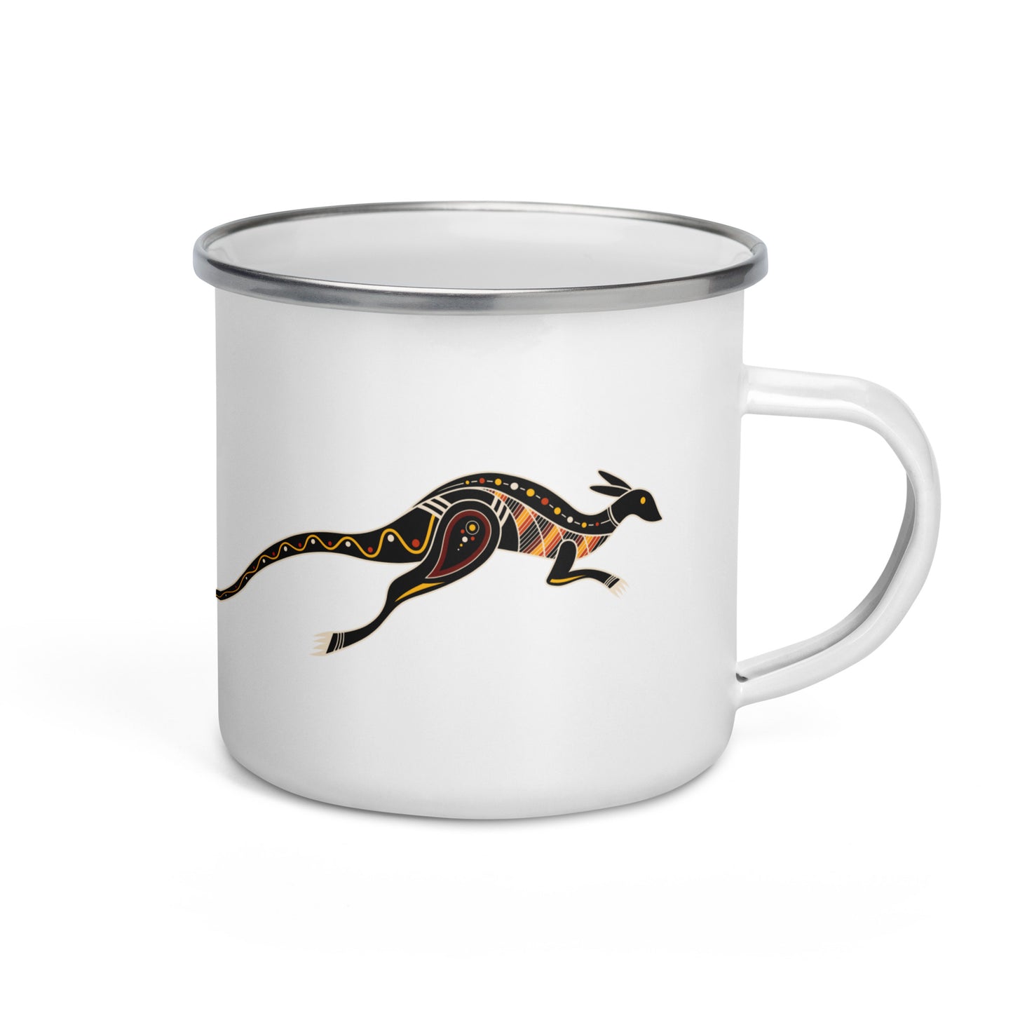 A white enamel mug with a silver rim, featuring an Australian tribal painting of a kangaroo on the side.
