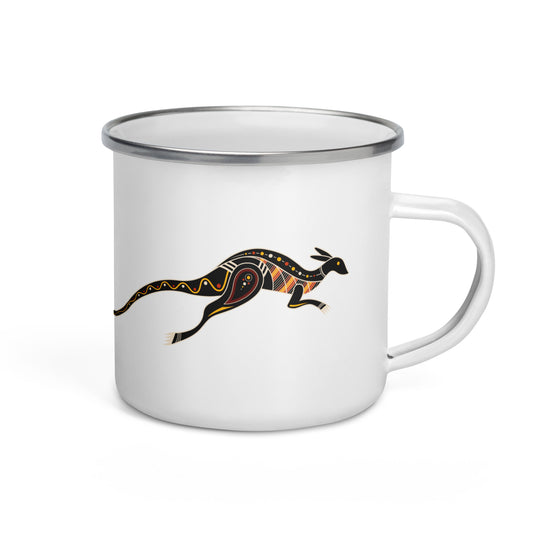 A white enamel mug with a silver rim, featuring an Australian tribal painting of a kangaroo on the side.
