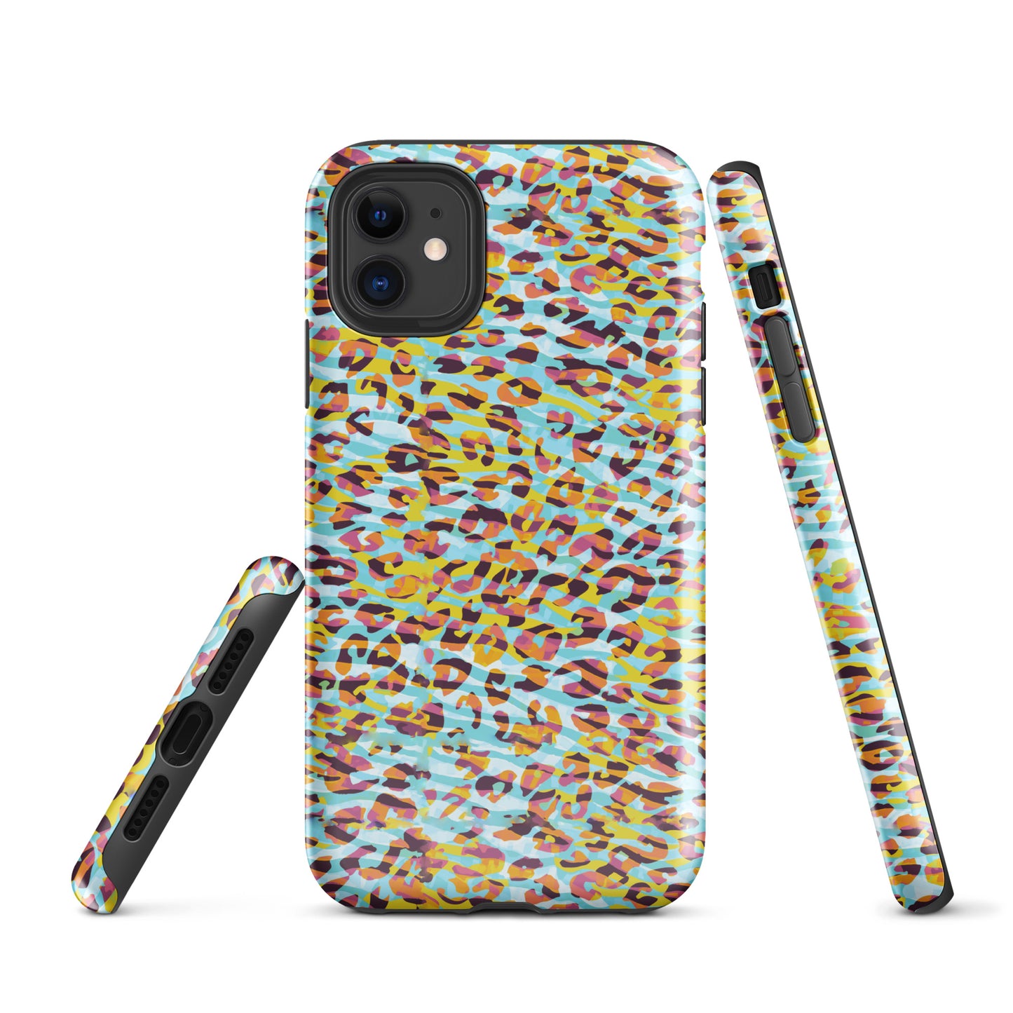 Tough Case for iPhone®- Zebra and Leopard Print Cyan with Yellow