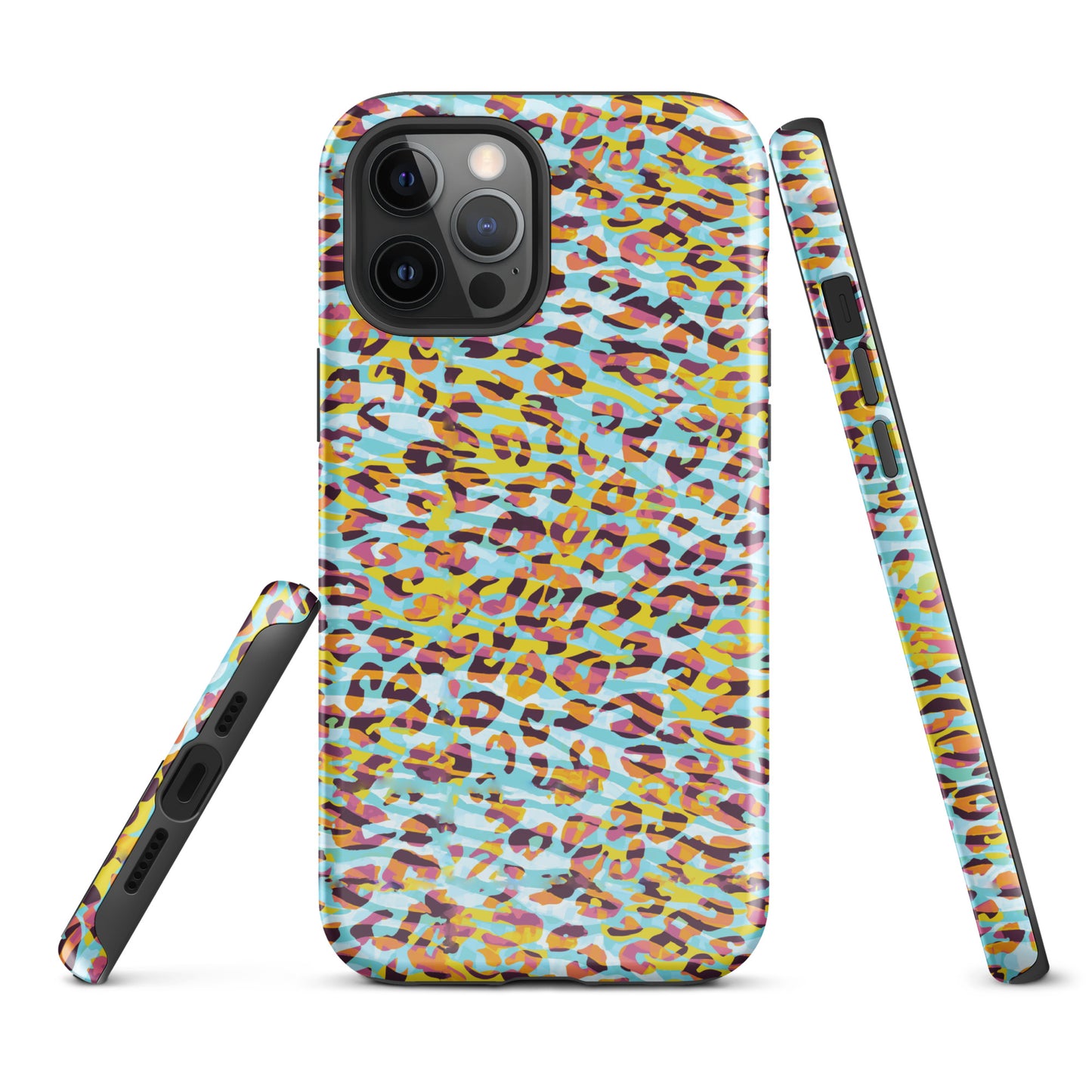 Tough Case for iPhone®- Zebra and Leopard Print Cyan with Yellow
