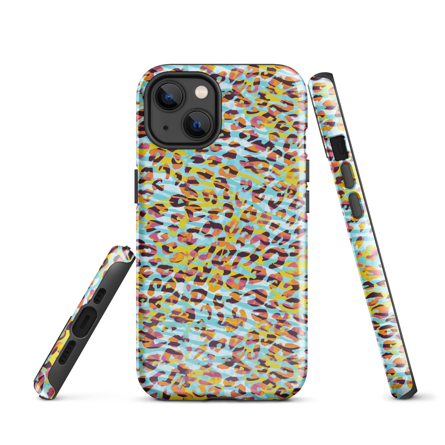 Tough Case for iPhone®- Zebra and Leopard Print Cyan with Yellow